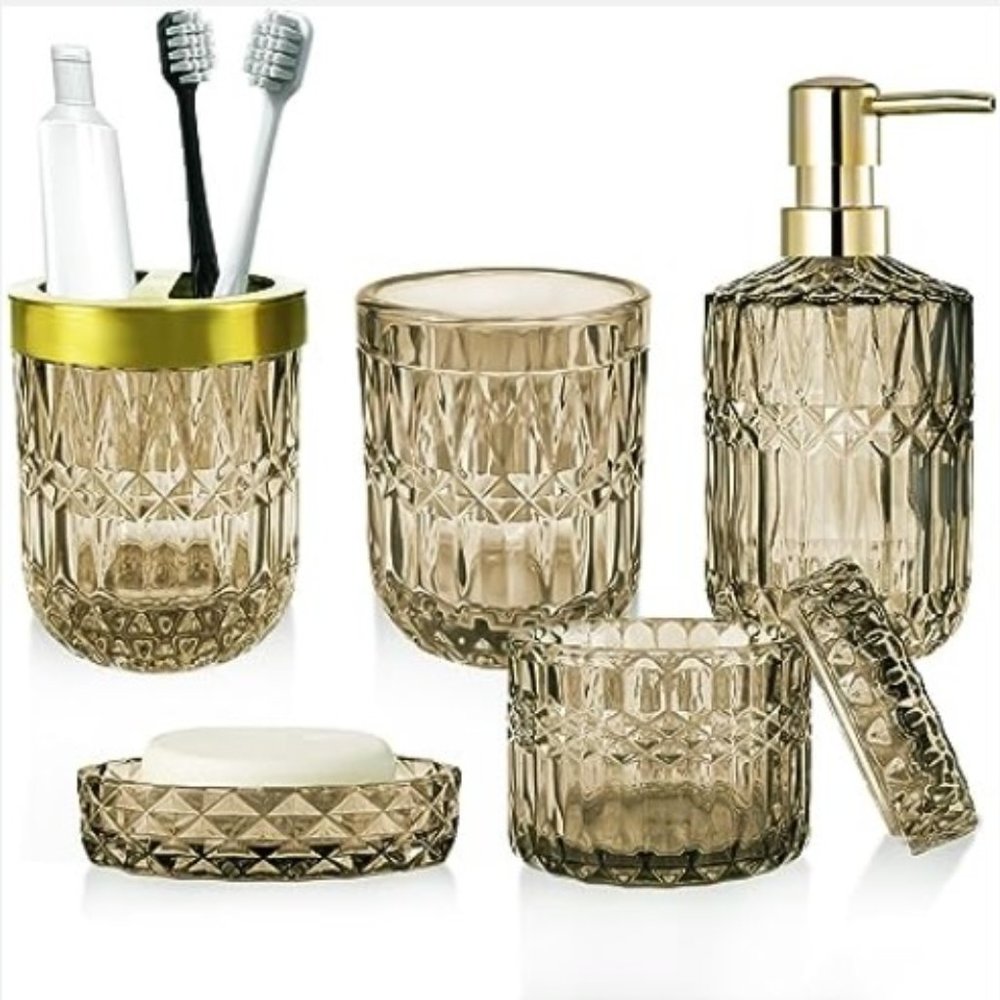 Set of 5 - Retro Amber Glass Bathroom Accessory Set - Classic Bathroom Decor